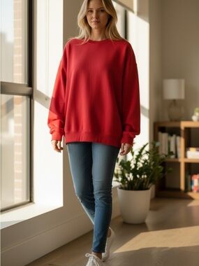 Topshop Women's Red Oversized Crewneck Sweater - Classic Comfort Medium